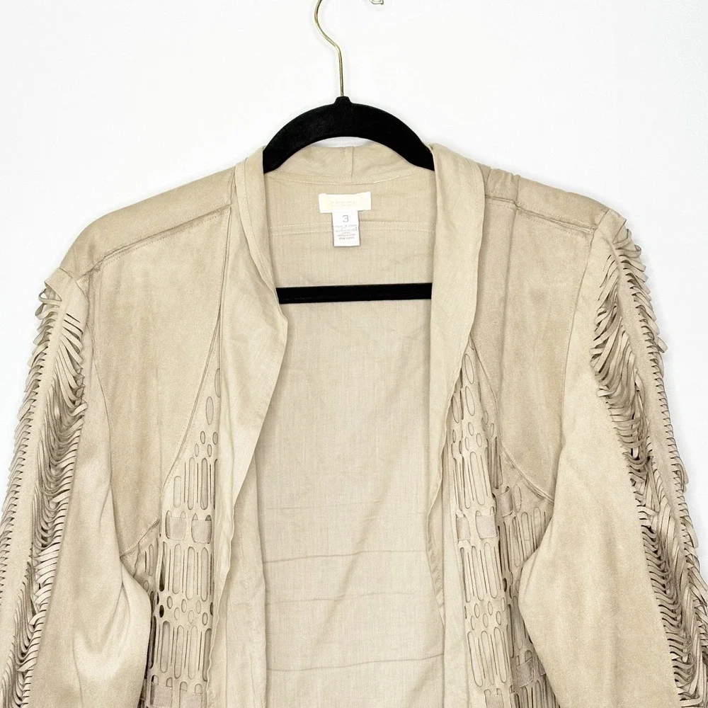 Chico's Tan Faux Suede Fringe Laser Cut Open Front Jacket Cardigan Size 3 XL